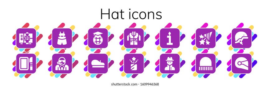 hat icon set. 14 filled hat icons. Included Worker, Dissection, Suspenders, Bodyguard, Education, Beret, Jacket, Confetti, Birthday, Spy, Cap, Helmet icons