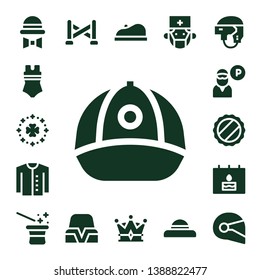 hat icon set. 17 filled hat icons.  Simple modern icons about  - Hat, Swimsuit, Saint Patrick, Cap, Cardigan, Guard, Birthday, Magician, Police line, Beret, Crown, Surgeon, Helmet