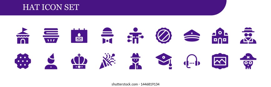 hat icon set. 18 filled hat icons.  Collection Of - Circus, Clothes, Birthday, Hat, Voodoo doll, Cap, Police School, Invisible man, Revolver, Crown, Confetti, Spy, Mortarboard