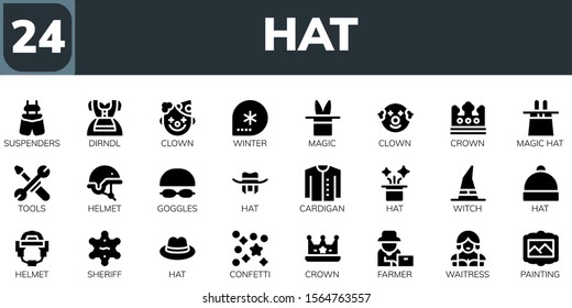 hat icon set. 24 filled hat icons.  Collection Of - Suspenders, Dirndl, Clown, Winter, Magic, Crown, Magic hat, Tools, Helmet, Goggles, Cardigan, Witch, Sheriff, Confetti icons