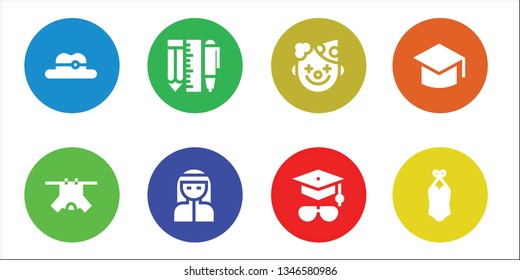 hat icon set. 8 filled hat icons.  Simple modern icons about  - Hat, Clothes, Tools, Bedouin, Clown, Mortarboard, Graduation, Swimsuit