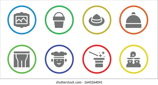 hat icon set. 8 filled hat icons. Included Painting, Pants, Sand bucket, Joker, Hat, Magician, Graduates icons