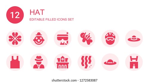 hat icon set. Collection of 12 filled hat icons included Clover, Clown, Goggles, Voodoo, Helmet, Sleeveless, Journalist, University, Confetti, Pamela, Lederhosen