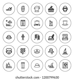 Hat icon set. collection of 25 outline hat icons with beach, cap, captain, clothes, boxing helmet, circus, confetti, cooking, hipster, kitchen, pamela icons. editable icons.