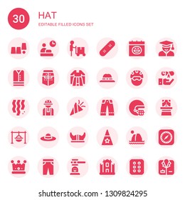 hat icon set. Collection of 30 filled hat icons included Magic trick, Worker, Delivery man, Skate, Halloween, Clothes, Helmet, Gown, Hat, Confetti, Trousers, Cooking, Pamela, Viking helmet