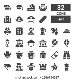 hat icon set. Collection of 32 filled hat icons included Coffee maker, Sheriff, Crown, Witch, Father, Helmet, Trousers, Goggles, Turban, Hoodie, Mexican, Hat, Clover, College