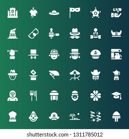 hat icon set. Collection of 36 filled hat icons included Helmet, Confetti, Beach, Pirate hat, Clown, Cooking, Graduation Clover, Saint Patrick, Turban, Restaurant, Burglar