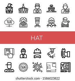 hat icon set. Collection of Witch, Mortarboard, Crown, Clown, Chauffeur, Chef, Restaurant, Wizard, Magician, Thief, Elearning, Rapper, Engineer, Education, Helmet, Engineering icons