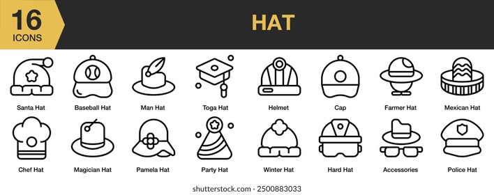 Hat icon set. Includes Accessories, baseball, police, santa, party hat, and More. Outline icons vector collection.