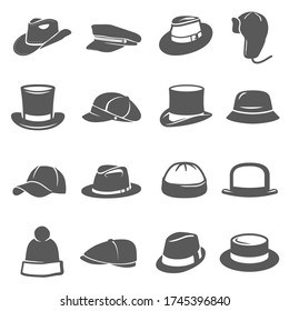 Hat icon set, traditional head wear accessory. Headdress for men, boys, and girls to wear for sports, holiday, beach vacation, outdoor activities. Vector hat icon on white background