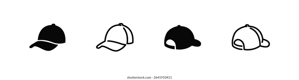 Hat icons in front and back view in flat and outline styles. Headwear symbol collection for fashion and casual themes set.