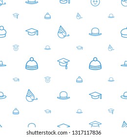 hat icons pattern seamless white background. Included editable outline party emot, arrows up, graduate emoji, graduation hat, winter hat, woman icons. icons for web and mobile.