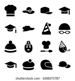 Hat icons. set of 16 editable filled hat icons such as graduation cap, party emot, baseball cap, helmet