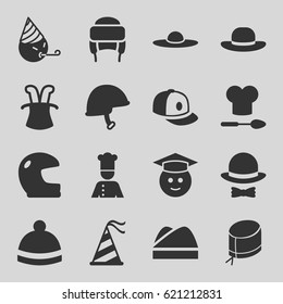Hat icons set. set of 16 hat filled icons such as baseball cap, graduate emoji, party emot, helmet