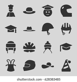 Hat icons set. set of 16 hat filled icons such as helmet, baby cap, graduation cap, graduate emoji