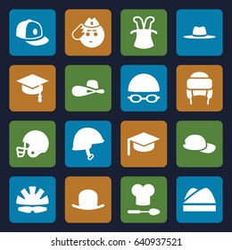 Hat icons set. set of 16 hat filled icons such as baseball cap, soldier emot, helmet, american football helmet