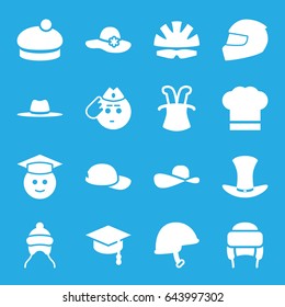 Hat icons set. set of 16 hat filled icons such as baby cap, graduate emoji, soldier emot, helmet, baseball cap
