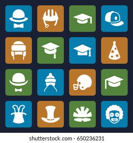 Hat icons set. set of 16 hat filled icons such as helmet, baby cap, baseball cap, graduation cap, american football helmet, arrows up