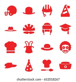 Hat icons set. set of 16 hat filled icons such as helmet, american football helmet, arrows up, clown