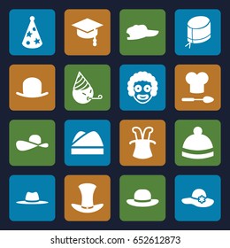 Hat icons set. set of 16 hat filled icons such as party emot, arrows up, clown