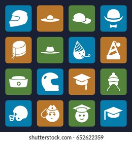 Hat icons set. set of 16 hat filled icons such as baby cap, graduate emoji, soldier emot, party emot, helmet, american football helmet, baseball cap