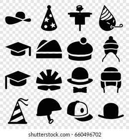 Hat icons set. set of 16 hat filled icons such as scarecrow, baby cap, baseball cap, party emot