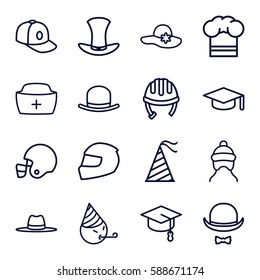 hat icons set. Set of 16 hat outline icons such as helmet, baby cap, baseball cap, american football helmet, party emot
