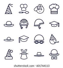 hat icons set. Set of 16 hat outline icons such as helmet, soldier emot