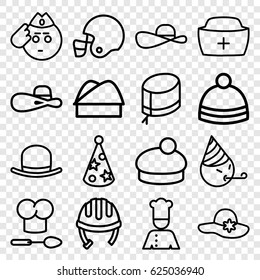 Hat icons set. set of 16 hat outline icons such as helmet, chef, american football helmet, soldier emot