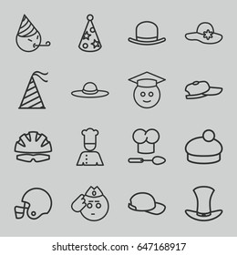 Hat icons set. set of 16 hat outline icons such as chef, baseball cap, helmet, american football helmet, graduate emoji, soldier emot