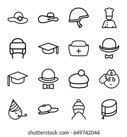 Hat icons set. set of 16 hat outline icons such as baby cap, helmet, chef, soldier emot, party emot