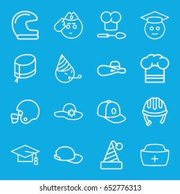 Hat icons set. set of 16 hat outline icons such as helmet, baseball cap, graduation cap, american football helmet, graduate emoji, soldier emot