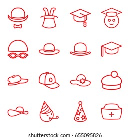 Hat icons set. set of 16 hat outline icons such as baseball cap, graduate emoji, party emot