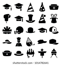 Hat icons. set of 25 editable filled hat icons such as scarecrow, helmet, baby cap, baseball cap, graduation cap, party emot, chef, american football helmet