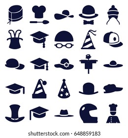 Hat icons set. set of 25 hat filled icons such as scarecrow, baby cap, baseball cap, graduation cap, chef, arrows up