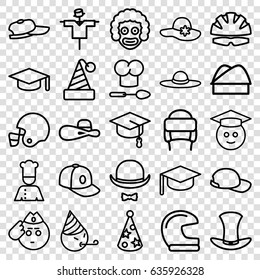 Hat icons set. set of 25 hat outline icons such as scarecrow, baseball cap, chef, helmet, american football helmet, graduate emoji, soldier emot, party emot, arrows up