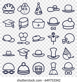 Hat icons set. set of 25 hat outline icons such as scarecrow, graduation cap, chef, baseball cap, helmet, american football helmet, soldier emot, party emot, arrows up