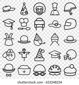 Hat icons set. set of 25 hat outline icons such as scarecrow, baby cap, graduation cap, helmet, chef, american football helmet, soldier emot, party emot, arrows up