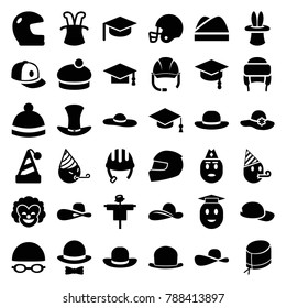 Hat icons. set of 36 editable filled hat icons such as scarecrow, helmet, baseball cap, graduation cap, party emot, american football helmet, arrows up, clown, graduate emoji