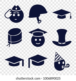 Hat icons. set of 9 editable filled hat icons such as graduate emoji, soldier emot, helmet