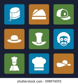 hat icons set. Set of 9 hat filled icons such as baseball cap, chef, etc.