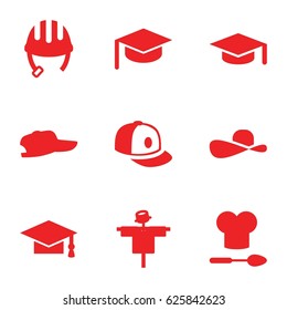 Hat icons set. set of 9 hat filled icons such as scarecrow, helmet, baseball cap