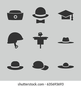 Hat icons set. set of 9 hat filled icons such as scarecrow, graduation cap, helmet