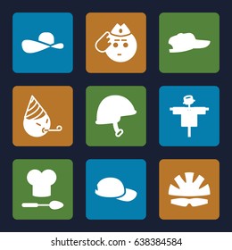 Hat icons set. set of 9 hat filled icons such as scarecrow, soldier emot, party emot, helmet