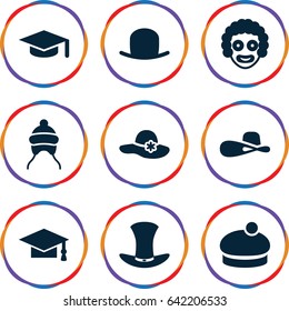Hat icons set. set of 9 hat filled icons such as baby cap, graduation cap