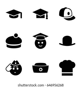 Hat icons set. set of 9 hat filled icons such as baseball cap, graduation cap, graduate emoji