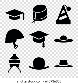 Hat icons set. set of 9 hat filled icons such as baby cap, helmet