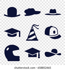 Hat icons set. set of 9 hat filled icons such as baseball cap, graduation cap