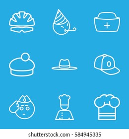 hat icons set. Set of 9 hat outline icons such as baseball cap, chef, helmet, soldier emot