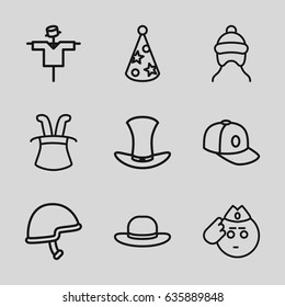 Hat icons set. set of 9 hat outline icons such as scarecrow, baby cap, baseball cap, helmet